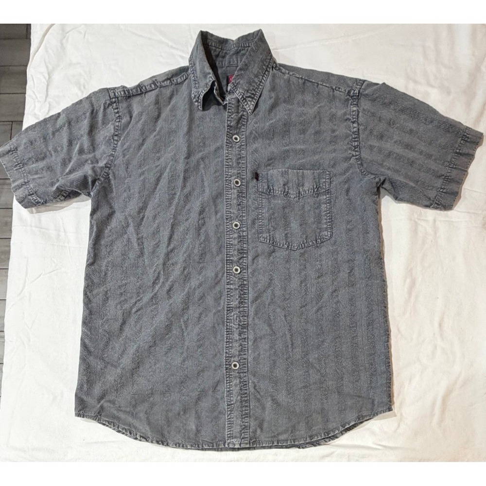 Logons Mens Gray Textured Vertical‎ Stripe Short Sleeve Button Down Shirt Large
